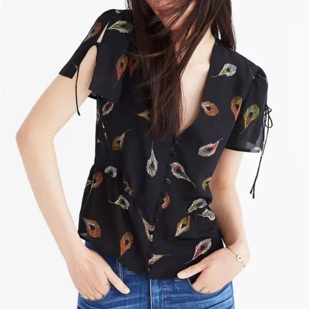 Madewell Silk top peacock feathers Alexa Chung blouse top cocktail button
